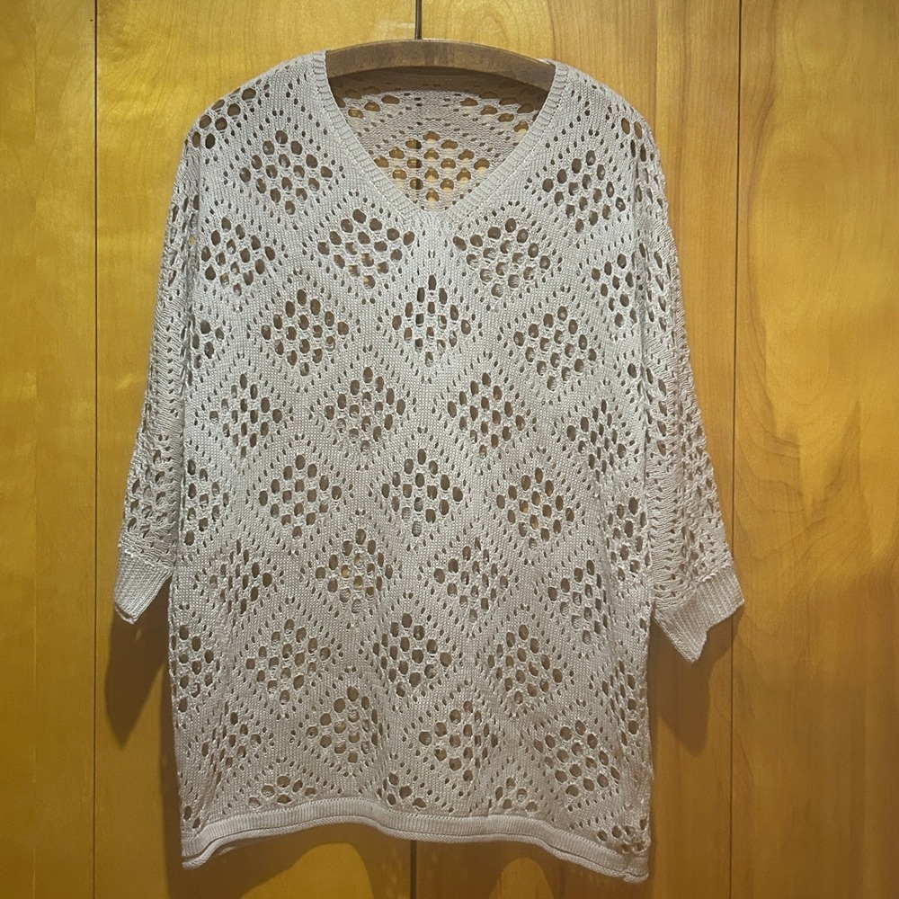 Sweater Womens XL V neck Open Knit Crochet Beige Kimono Sleeve Boho Cottage